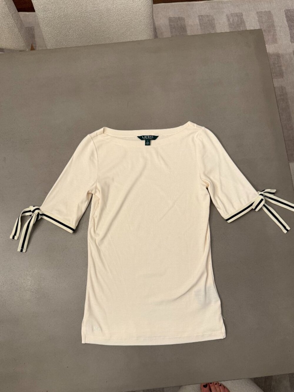 Lauren Ralph Lauren Cream Tie Sleeve Top Black Ribbon Bow, Size S